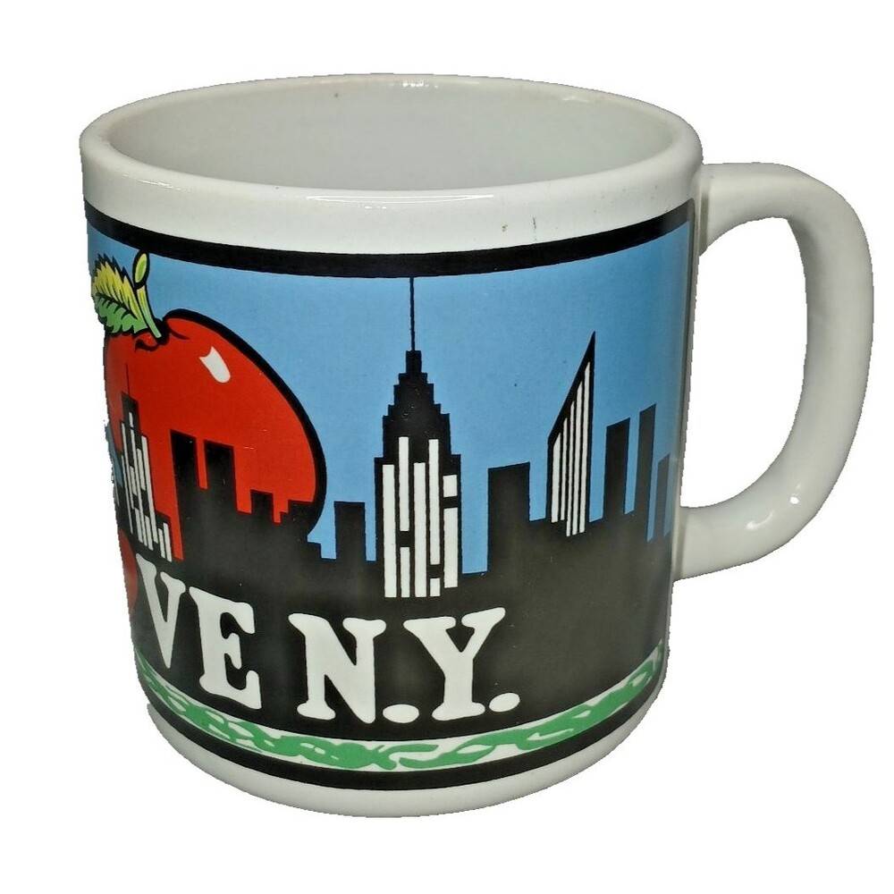 New York City Vintage Coffee Mug Big Apple Twin Towers Rainbow 1980s Stoneware